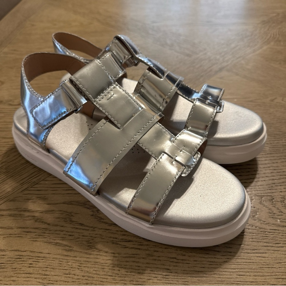 New! Womens Cole Haan Grandpro Rally Silver Fisherman Sport Sandals. Size 11B